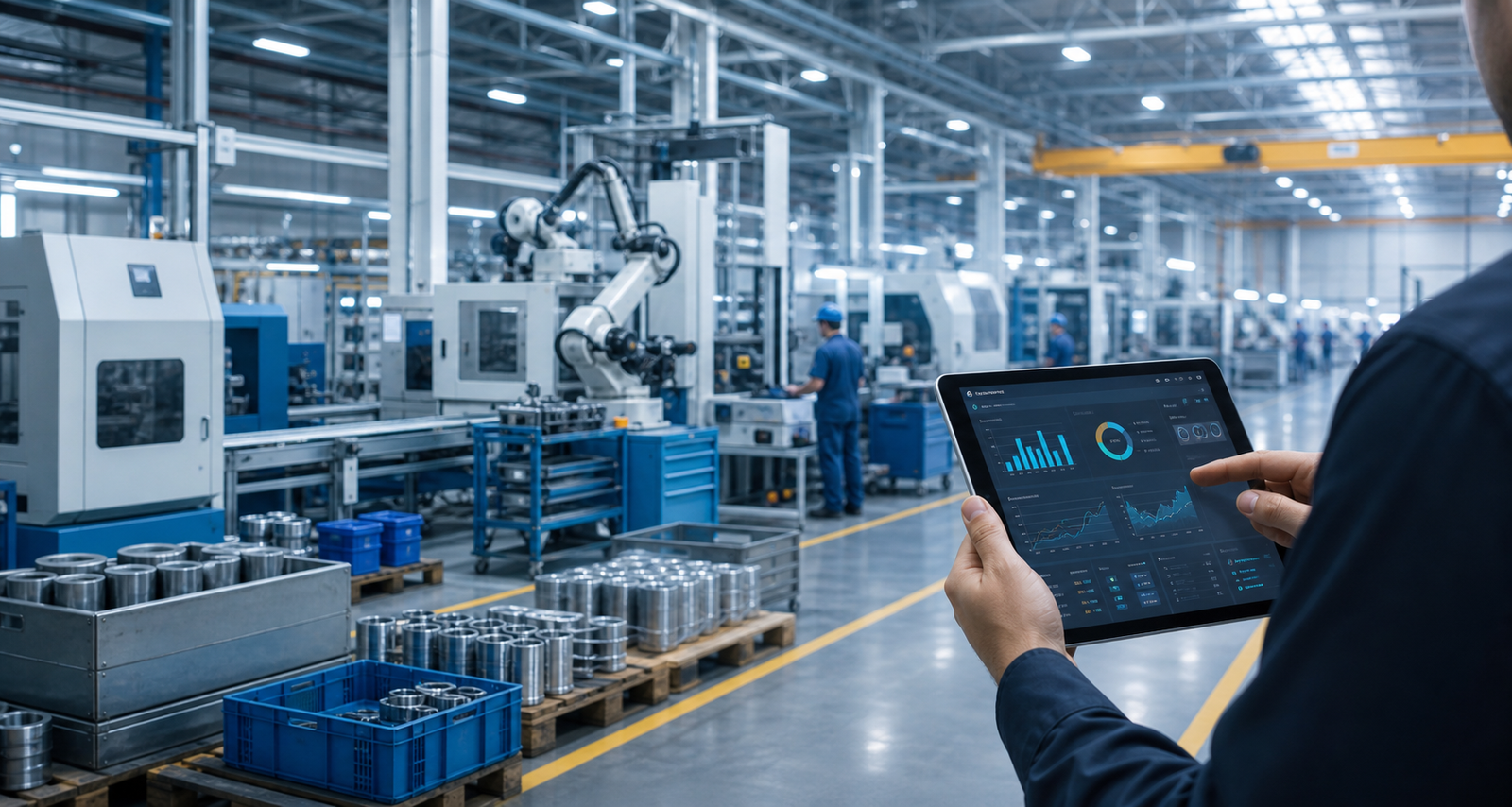 Manufacturing ERP software dashboard on a modern factory floor