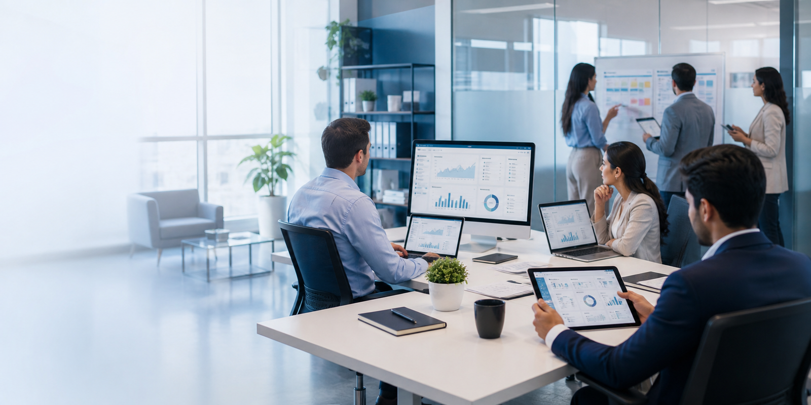 Professional services software dashboard in a modern office