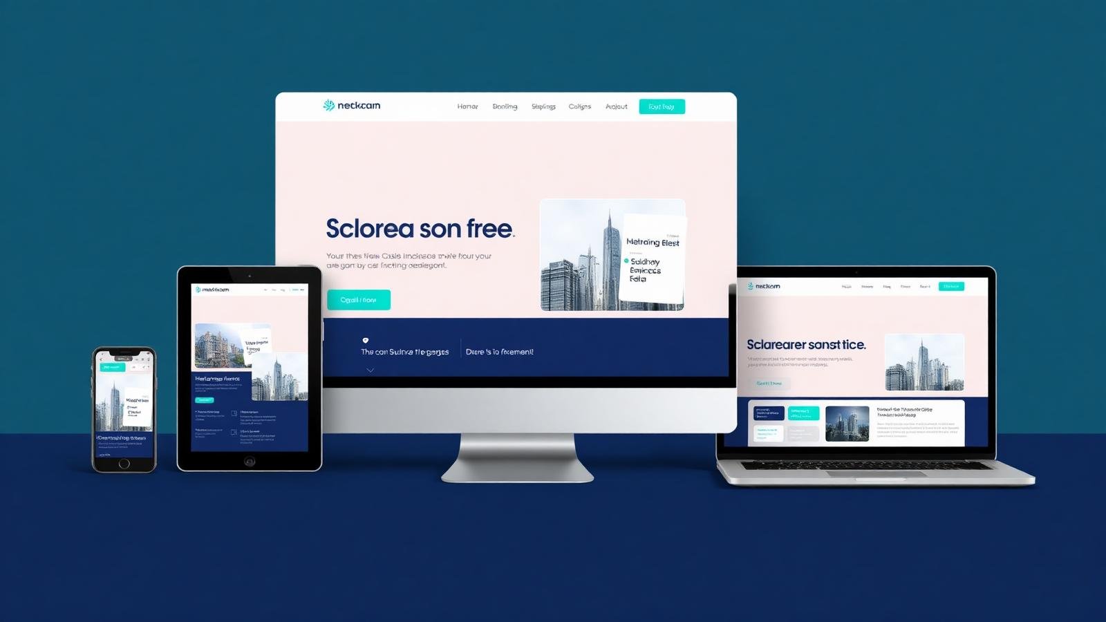 Corporate website development — multi-device mockup of a corporate site with mint accents
