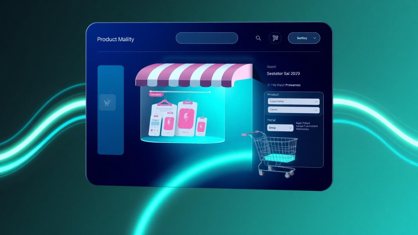 Ecommerce website development — 3D storefront with cart and checkout UI on mint gradient